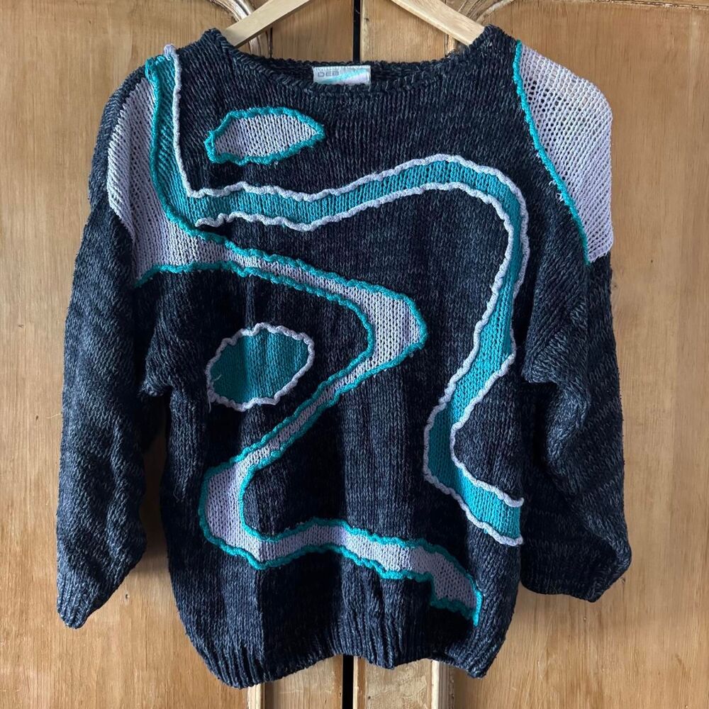 Vintage 80s DEB Abstract Art Sweater M Black Teal Gray Wearable Art Silk Blend